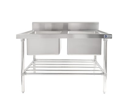 KITCHEN KNOCK FULL STAINLESS-STEEL DOUBLE SINK BENCH WITH SPLASH BACK 1500MM L X 600MM D X 900MM H ASD-1560C